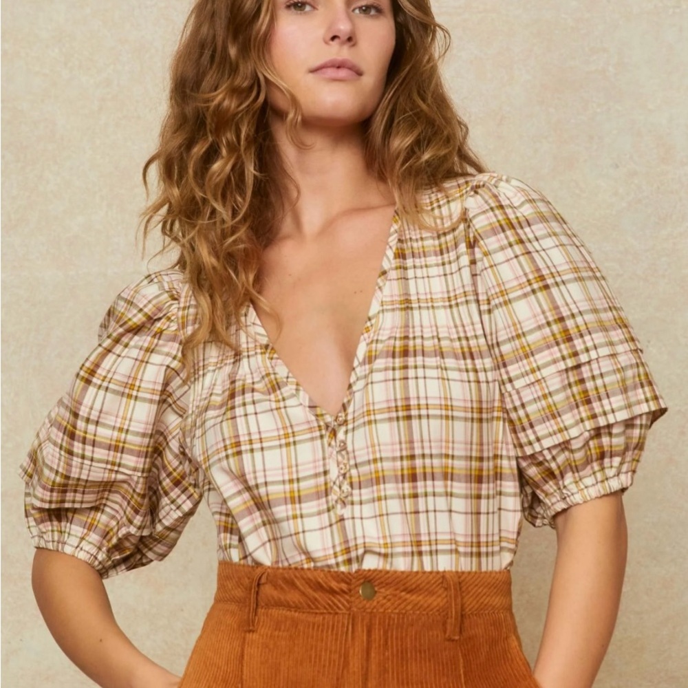 Christy Dawn Tan and Brown Puff Sleeve Ruffled Blouse - The Myra Blouse